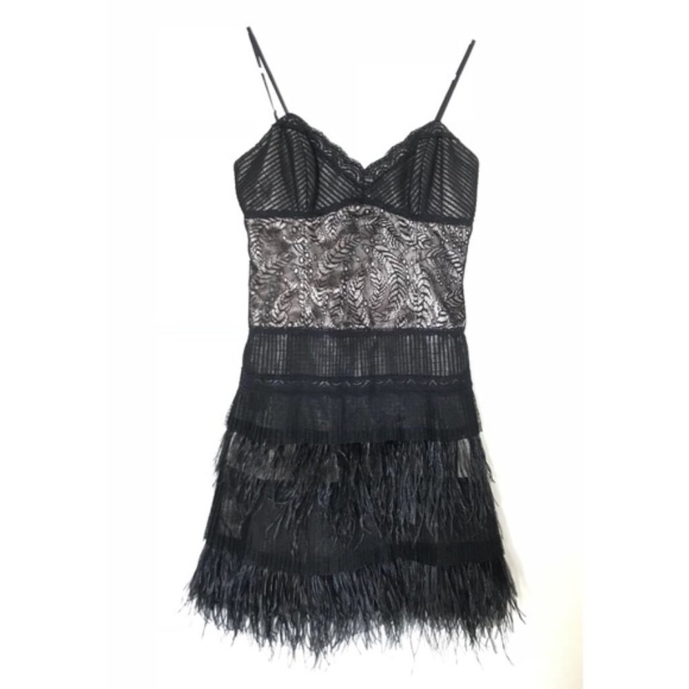 BCBG Lace & Ostrich Feathers Cocktail Dress